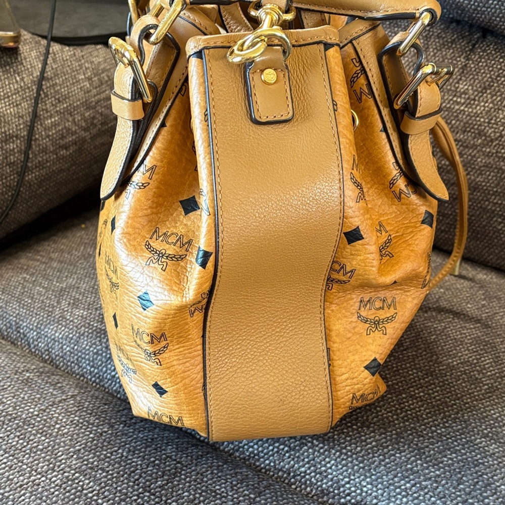MCM  Visetos Cognac Bucket Crossbody Bag-Dual Handle+Strap - Picture 5 of 16
